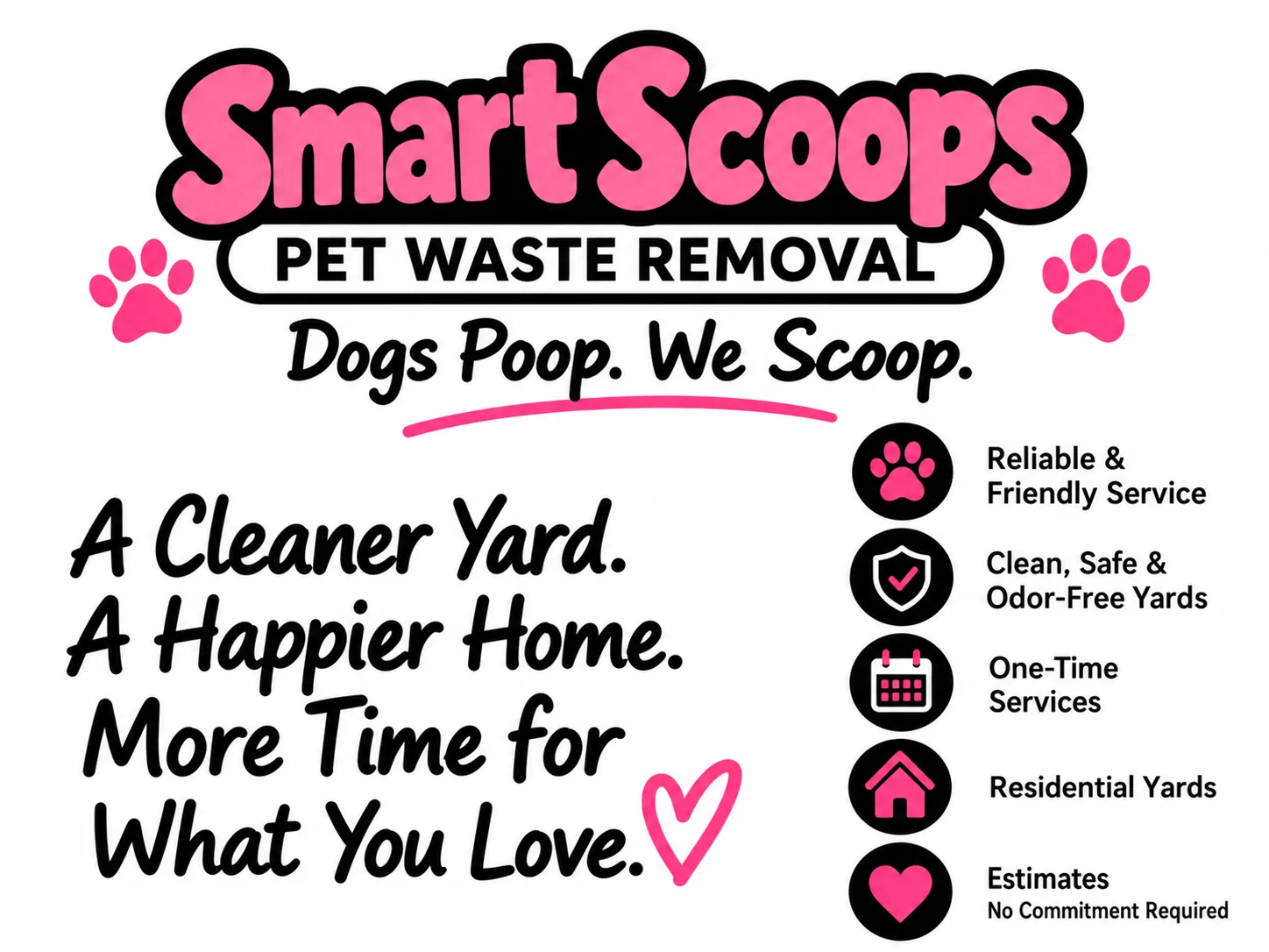 Smart Scoops Pet Waste Removal. Dogs Poop. We Scoop. Reliable service, one-time services, residential yards, and free estimates.