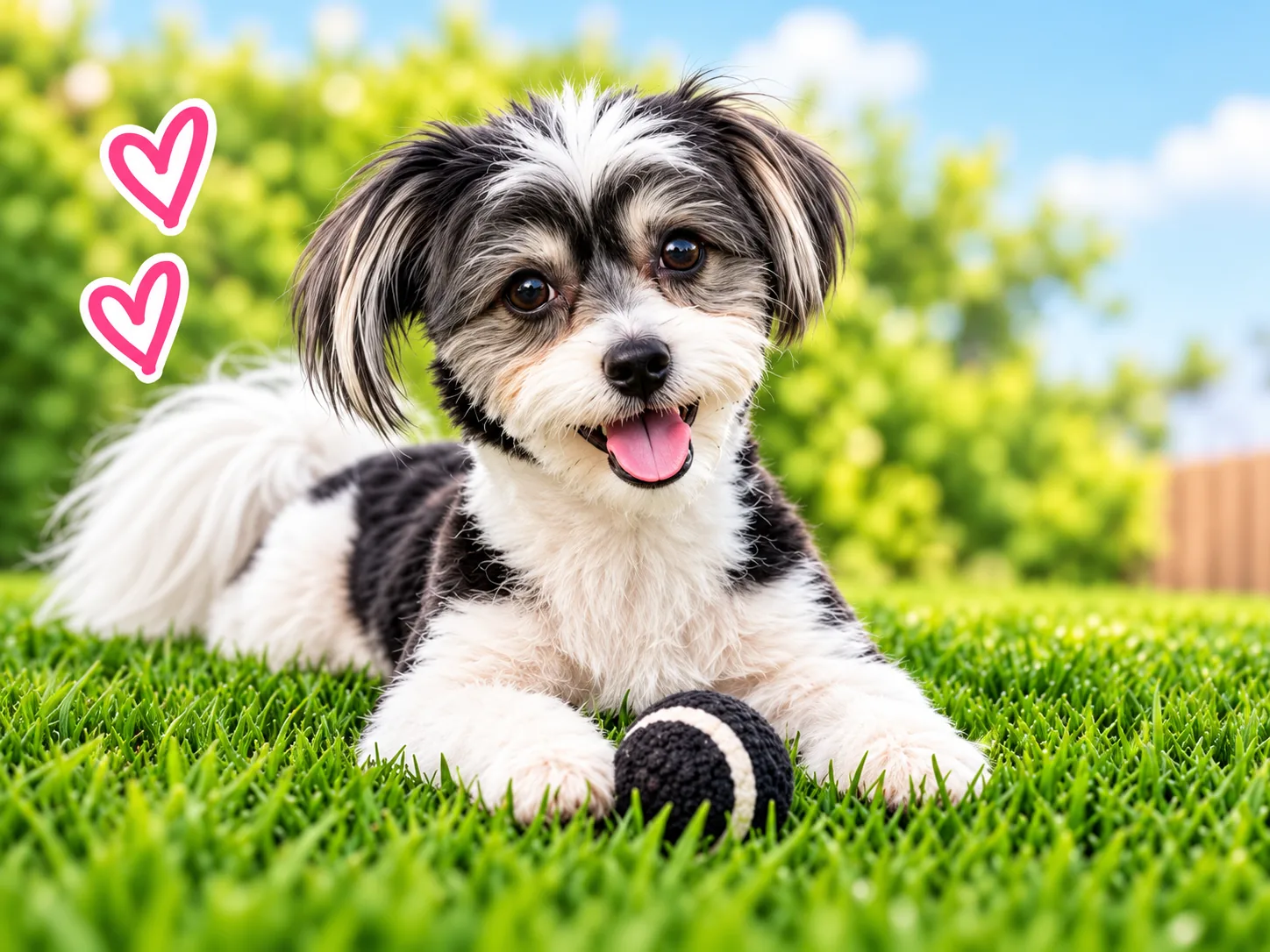 Happy small dog resting on a green lawn.